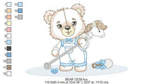 Load image into Gallery viewer, Bear playing with toys embroidery designs - Boy Bear with horse embroidery design machine embroidery pattern - instant download pes jef dst
