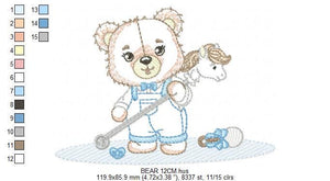 Bear playing with toys embroidery designs - Boy Bear with horse embroidery design machine embroidery pattern - instant download pes jef dst