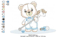 Load image into Gallery viewer, Bear playing with toys embroidery designs - Boy Bear with horse embroidery design machine embroidery pattern - instant download pes jef dst
