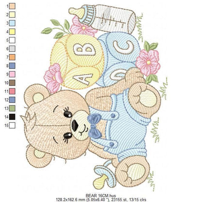 Baby Boy Bear with toys embroidery designs - Male Bear with pacifier embroidery design machine embroidery pattern - instant download pes dst