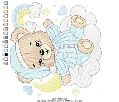 Male Bear with pajamas embroidery designs - Baby boy embroidery design machine embroidery pattern - Moon cloud rainbow - instant download