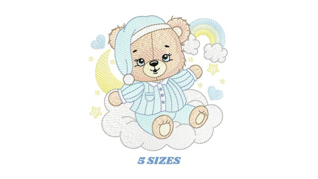 Male Bear with pajamas embroidery designs - Baby boy embroidery design machine embroidery pattern - Moon cloud rainbow - instant download