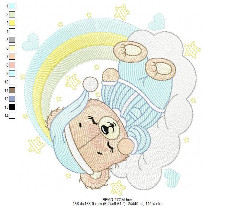 Sleeping Bear embroidery designs - Baby girl embroidery design machine embroidery pattern - Cute sweet bear with cloud - instant download