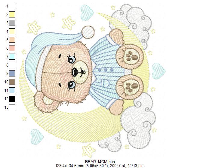 Boy Bear with pajamas embroidery designs - Moon embroidery design machine embroidery pattern - Male Teddy bear - instant download pes jef