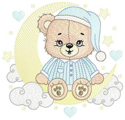 Boy Bear with pajamas embroidery designs - Moon embroidery design machine embroidery pattern - Male Teddy bear - instant download pes jef