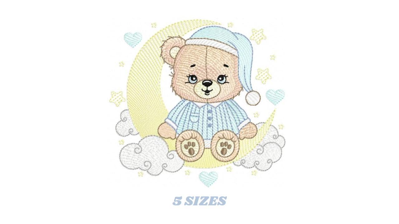 Boy Bear with pajamas embroidery designs - Moon embroidery design machine embroidery pattern - Male Teddy bear - instant download pes jef