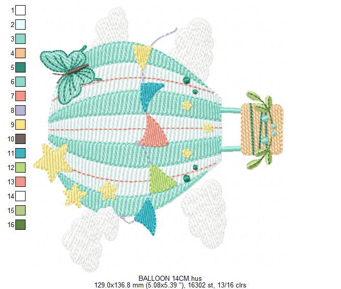 Hot air Balloon embroidery designs - Balloon with flags and butterfly embroidery design machine embroidery pattern - instant download pes