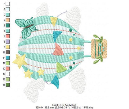 Hot air Balloon embroidery designs - Balloon with flags and butterfly embroidery design machine embroidery pattern - instant download pes