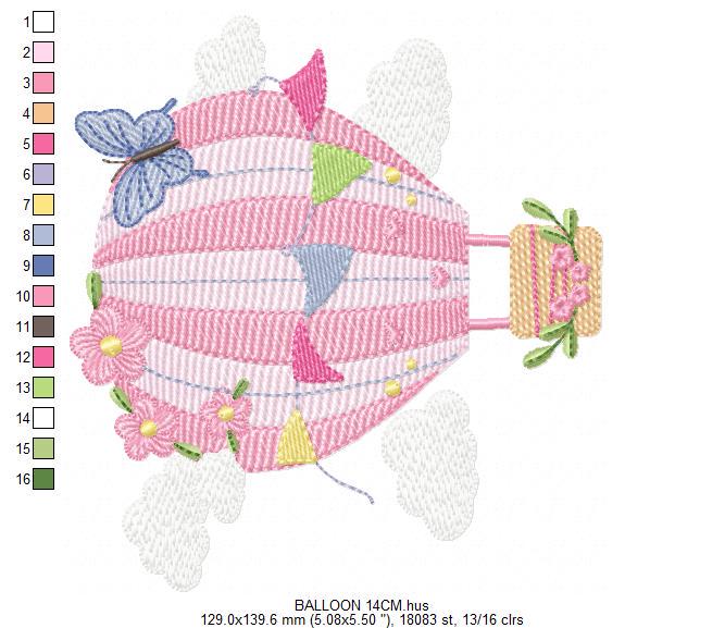 Hot air Balloon embroidery designs - Pink Balloon with flags and butterflies embroidery design machine embroidery pattern - instant download