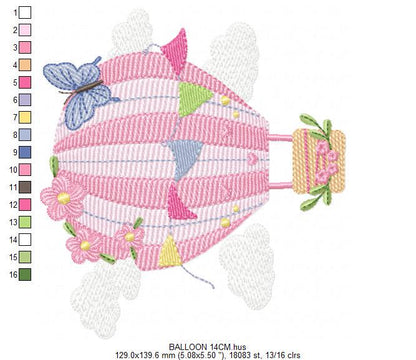 Hot air Balloon embroidery designs - Pink Balloon with flags and butterflies embroidery design machine embroidery pattern - instant download