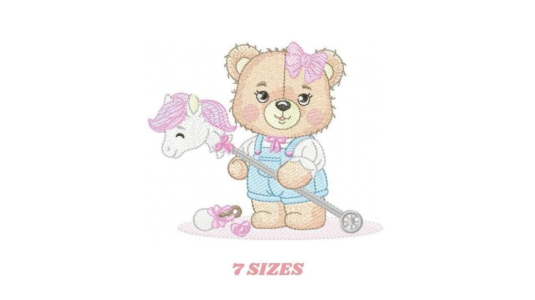 Bear with toy horse embroidery designs - Baby girl embroidery design machine embroidery pattern - Bear with lace - instant download jef pes