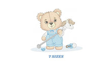 Load image into Gallery viewer, Bear with toy horse embroidery designs - Baby boy embroidery design machine embroidery pattern - Male Bear with tie - instant download pes
