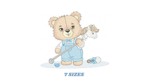 Bear with toy horse embroidery designs - Baby boy embroidery design machine embroidery pattern - Male Bear with tie - instant download pes