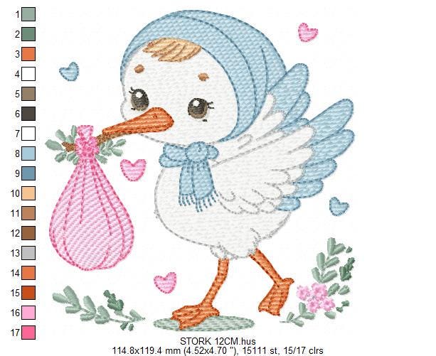 Stork embroidery design - Stork with newborn embroidery design machine embroidery pattern - Baby shower embroidery file - instant download