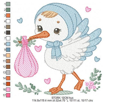 Stork embroidery design - Stork with newborn embroidery design machine embroidery pattern - Baby shower embroidery file - instant download