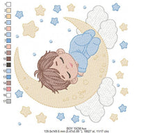 Load image into Gallery viewer, Boy sleeping in the moon embroidery design - Half moon with clouds and stars embroidery design machine embroidery pattern - instant download
