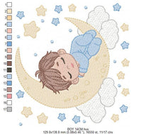 Load image into Gallery viewer, Boy sleeping in the moon embroidery design - Half moon with clouds and stars embroidery design machine embroidery pattern - instant download
