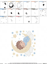 Load image into Gallery viewer, Boy sleeping in the moon embroidery design - Half moon with clouds and stars embroidery design machine embroidery pattern - instant download
