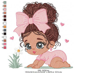 Baby Girl crawling embroidery designs - Toddler with lace and curly hair embroidery design machine embroidery pattern - instant download pes