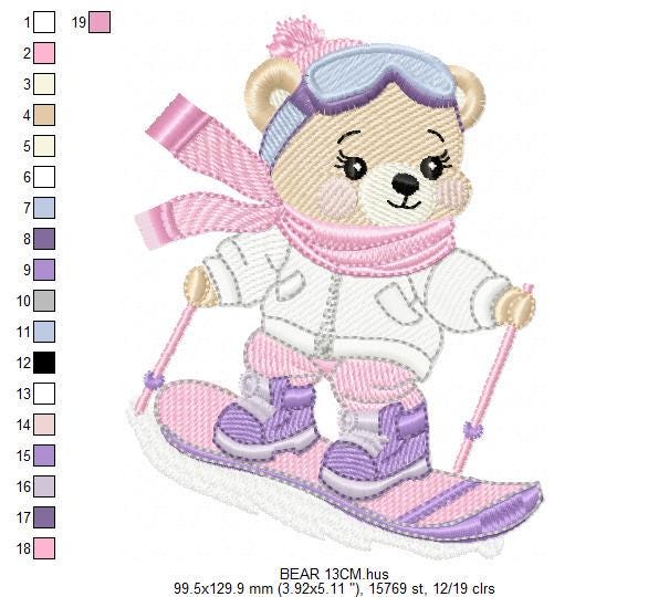 Ski Bear embroidery designs - Female Bear Skiing embroidery design machine embroidery pattern - Baby girl embroidery file - instant download