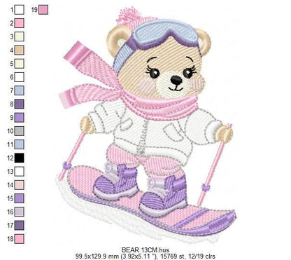 Ski Bear embroidery designs - Female Bear Skiing embroidery design machine embroidery pattern - Baby girl embroidery file - instant download