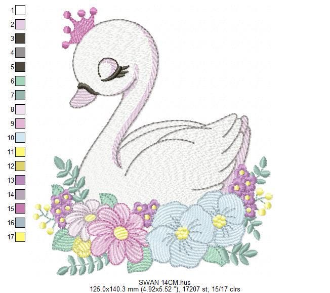 Swan with crown embroidery designs - Baby Girl embroidery design machine embroidery pattern - Swan with flowers - Instant download pes jef