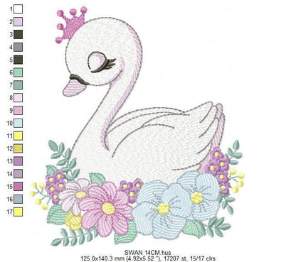 Swan with crown embroidery designs - Baby Girl embroidery design machine embroidery pattern - Swan with flowers - Instant download pes jef