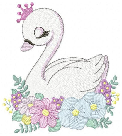 Swan with crown embroidery designs - Baby Girl embroidery design machine embroidery pattern - Swan with flowers - Instant download pes jef
