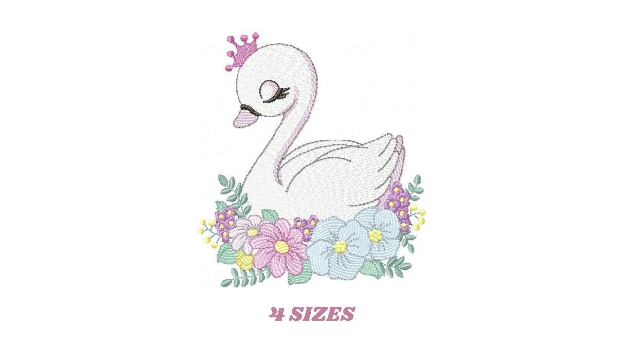 Swan with crown embroidery designs - Baby Girl embroidery design machine embroidery pattern - Swan with flowers - Instant download pes jef