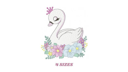 Swan with crown embroidery designs - Baby Girl embroidery design machine embroidery pattern - Swan with flowers - Instant download pes jef