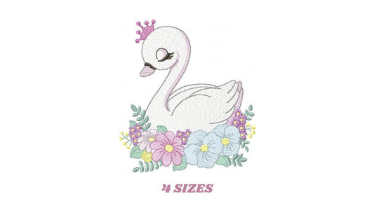 Swan with crown embroidery designs - Baby Girl embroidery design machine embroidery pattern - Swan with flowers - Instant download pes jef