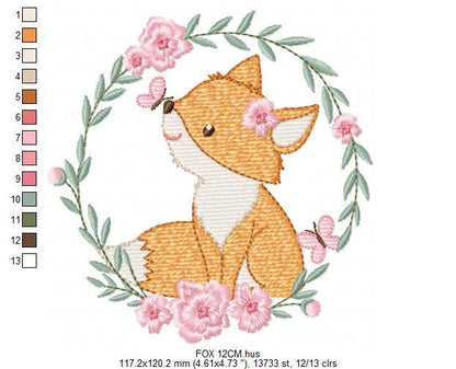 Fox with flower frame embroidery designs - Woodland Animal embroidery design machine embroidery pattern - Red fox Instant download pes jef