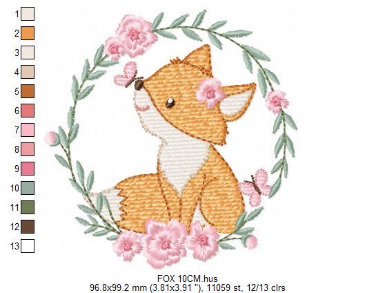 Fox with flower frame embroidery designs - Woodland Animal embroidery design machine embroidery pattern - Red fox Instant download pes jef