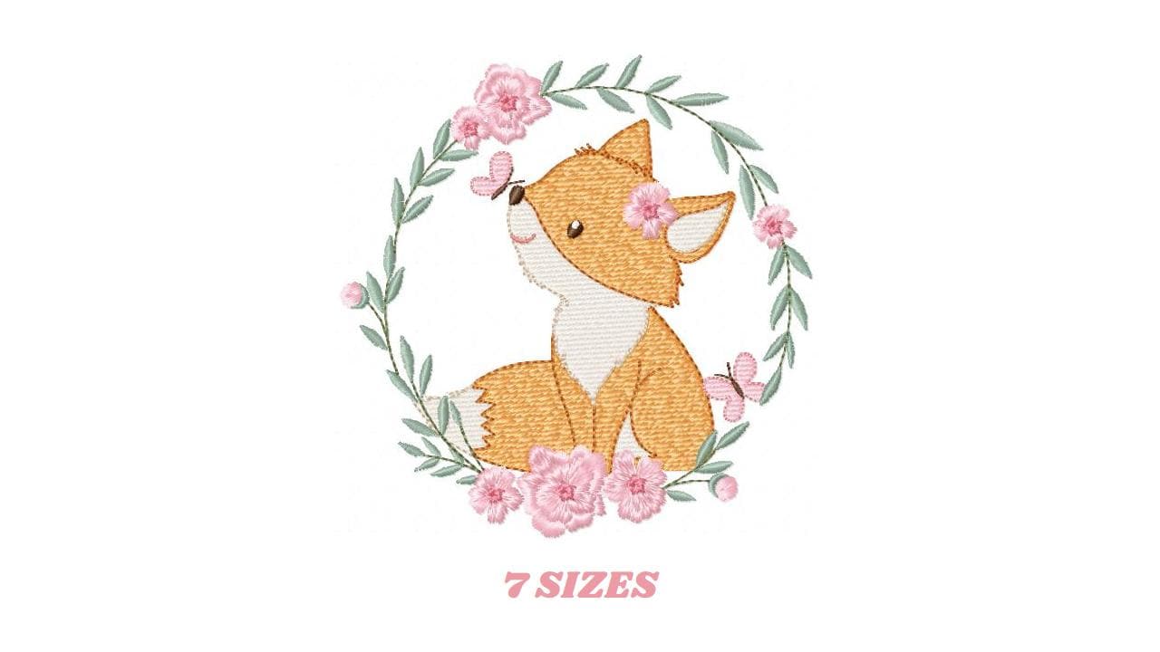 Fox with flower frame embroidery designs - Woodland Animal embroidery design machine embroidery pattern - Red fox Instant download pes jef