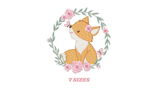 Fox with flower frame embroidery designs - Woodland Animal embroidery design machine embroidery pattern - Red fox Instant download pes jef