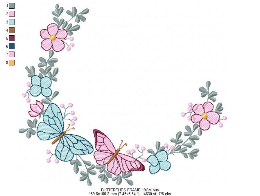 Flower Frame With butterflies embroidery designs - Delicate Butterfly embroidery design machine embroidery pattern - Wreath embroidery file