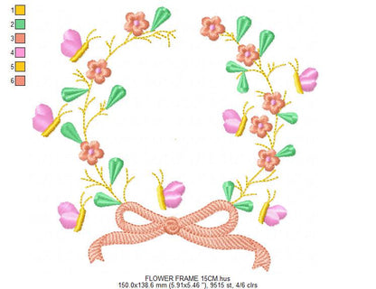 Laurel with lace and flowers embroidery designs - Floral wreath embroidery design machine embroidery pattern - instant digital download pes