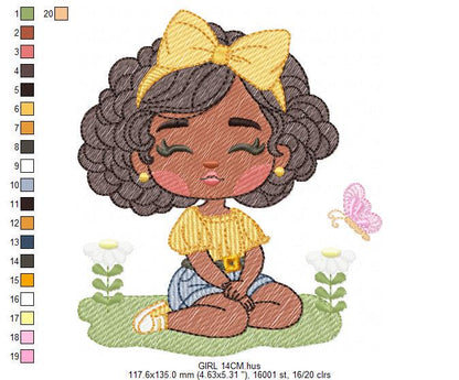 Girl embroidery designs - Afroamerican girl embroidery design machine embroidery pattern - Curly hair girl with lace - instant download pes