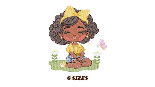 Girl embroidery designs - Afroamerican girl embroidery design machine embroidery pattern - Curly hair girl with lace - instant download pes