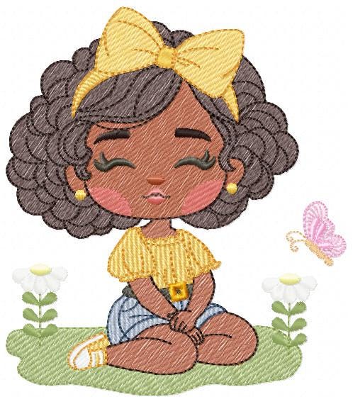Girl embroidery designs - Afroamerican girl embroidery design machine embroidery pattern - Curly hair girl with lace - instant download pes
