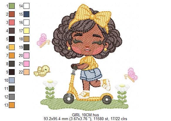 Girl embroidery designs - Girl with black hair embroidery design machine embroidery pattern - Curly hair girl with flower - Instant download