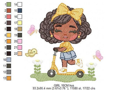 Girl embroidery designs - Girl with black hair embroidery design machine embroidery pattern - Curly hair girl with flower - Instant download
