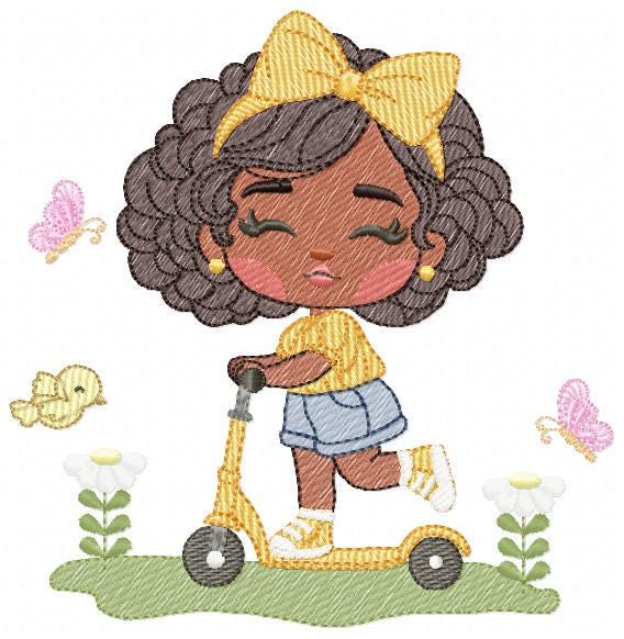 Girl embroidery designs - Girl with black hair embroidery design machine embroidery pattern - Curly hair girl with flower - Instant download