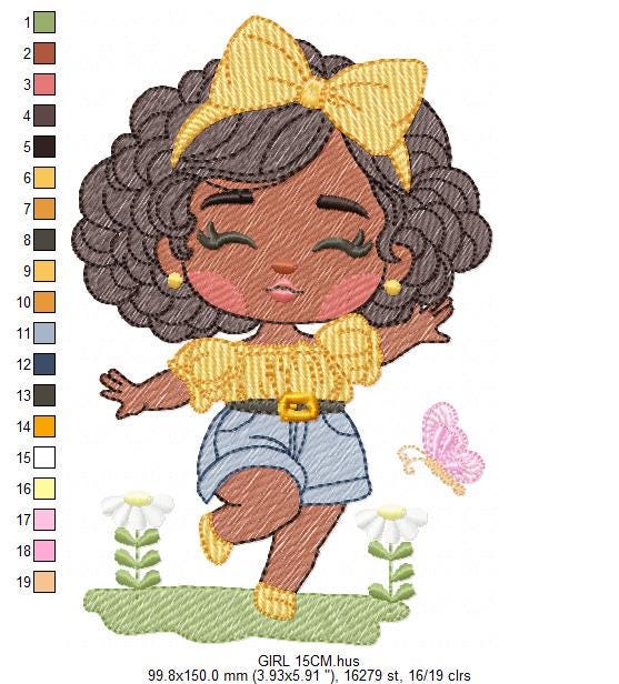 Girl embroidery designs - Afroamerican girl embroidery design machine embroidery pattern - Curly hair girl with flowers - instant download