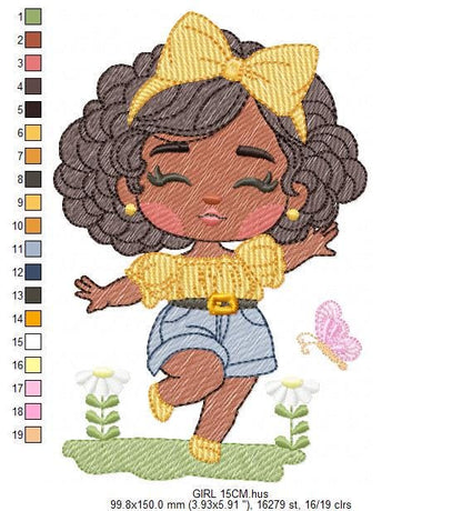 Girl embroidery designs - Afroamerican girl embroidery design machine embroidery pattern - Curly hair girl with flowers - instant download