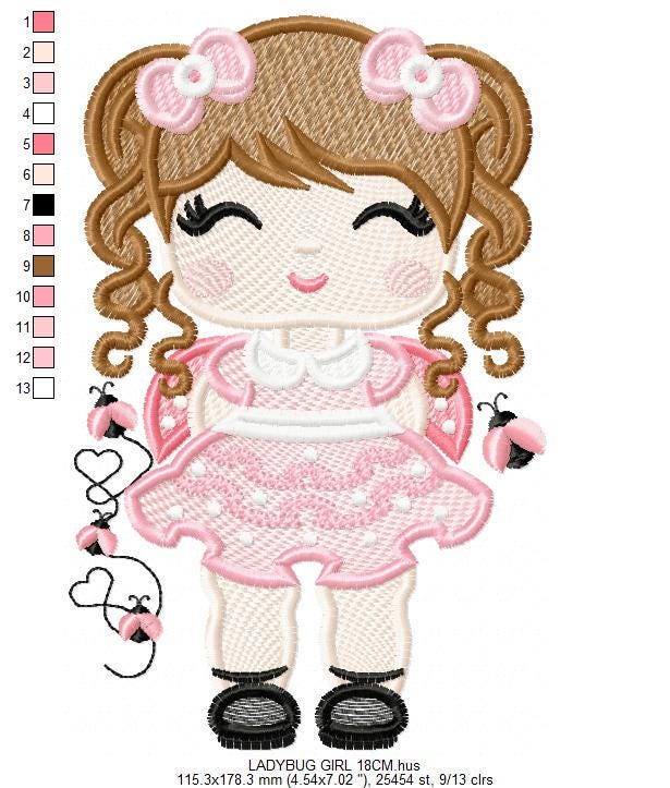 Ladybug embroidery designs - Girl with long hair embroidery design machine embroidery pattern - Girl dressed as ladybug - Instant download