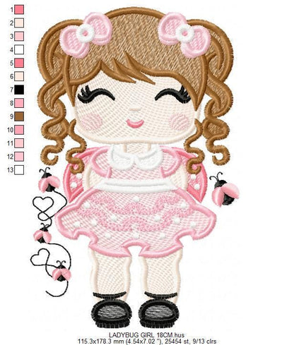 Ladybug embroidery designs - Girl with long hair embroidery design machine embroidery pattern - Girl dressed as ladybug - Instant download