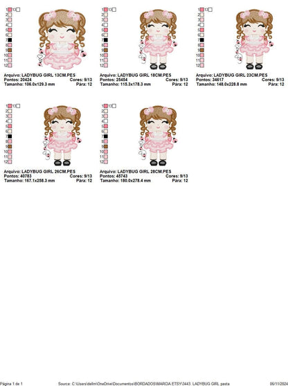 Ladybug embroidery designs - Girl with long hair embroidery design machine embroidery pattern - Girl dressed as ladybug - Instant download