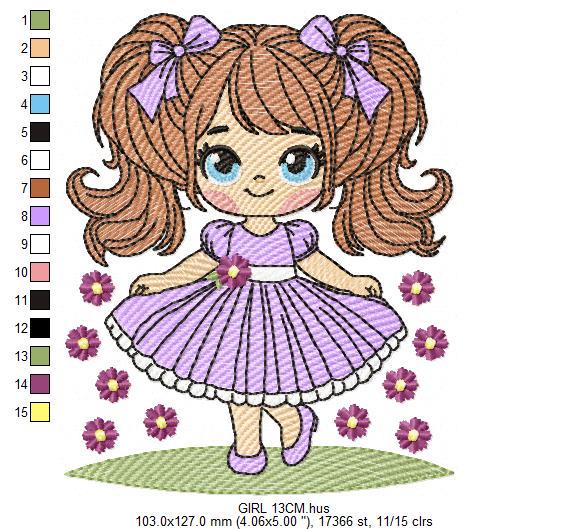Young Girl with dress embroidery designs - Baby girl with lace and long hair embroidery design machine embroidery pattern - Instant download
