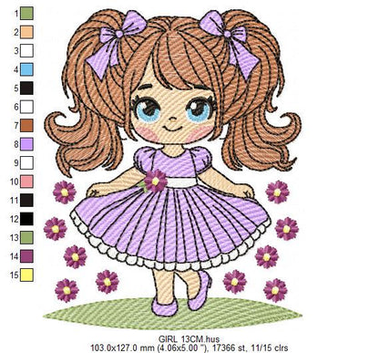 Young Girl with dress embroidery designs - Baby girl with lace and long hair embroidery design machine embroidery pattern - Instant download